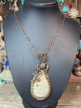 Handcrafted Cooper Wire-Wrapped Brown Stone Pendant Necklace - Artisan Jewelry